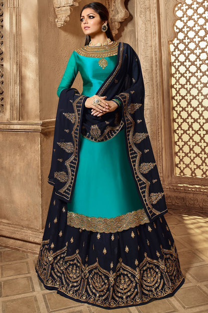 Turquoise And Blue Designer Lehenga Kurti Set