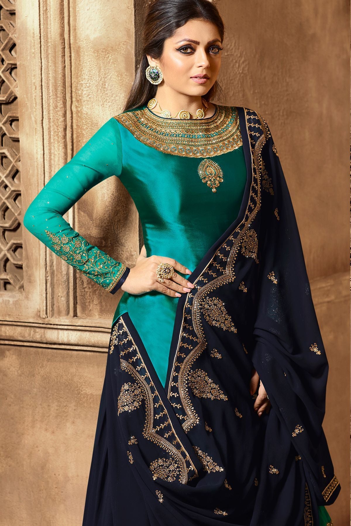 Turquoise And Blue Designer Lehenga Kurti Set