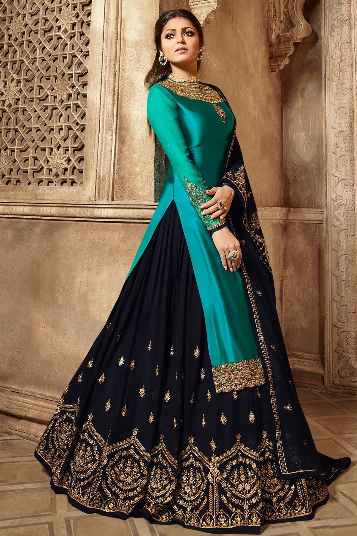 Turquoise And Blue Designer Lehenga Kurti Set