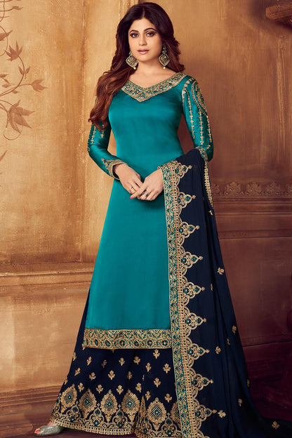 Turquoise And Navy Blue Sharara Suit