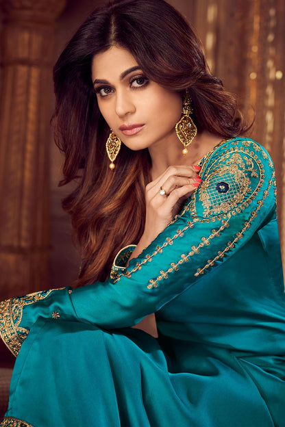 Turquoise And Navy Blue Sharara Suit