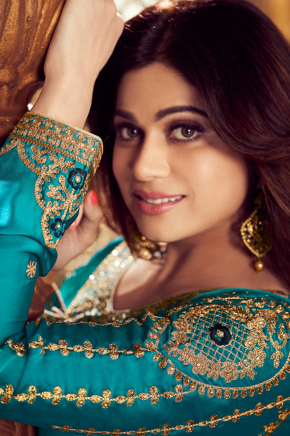 Turquoise And Navy Blue Sharara Suit