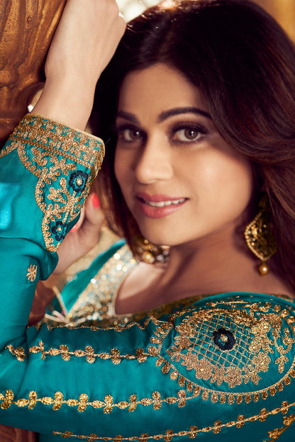 Turquoise And Navy Blue Sharara Suit