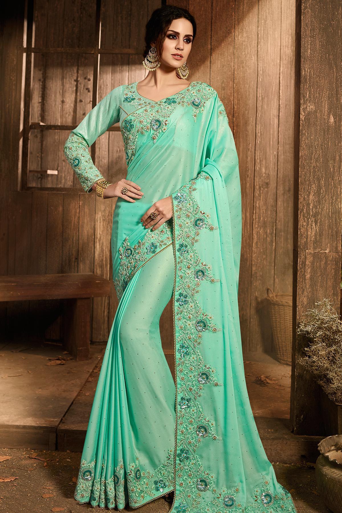 Turquoise Blue Designer Party Wear Silk Sari
