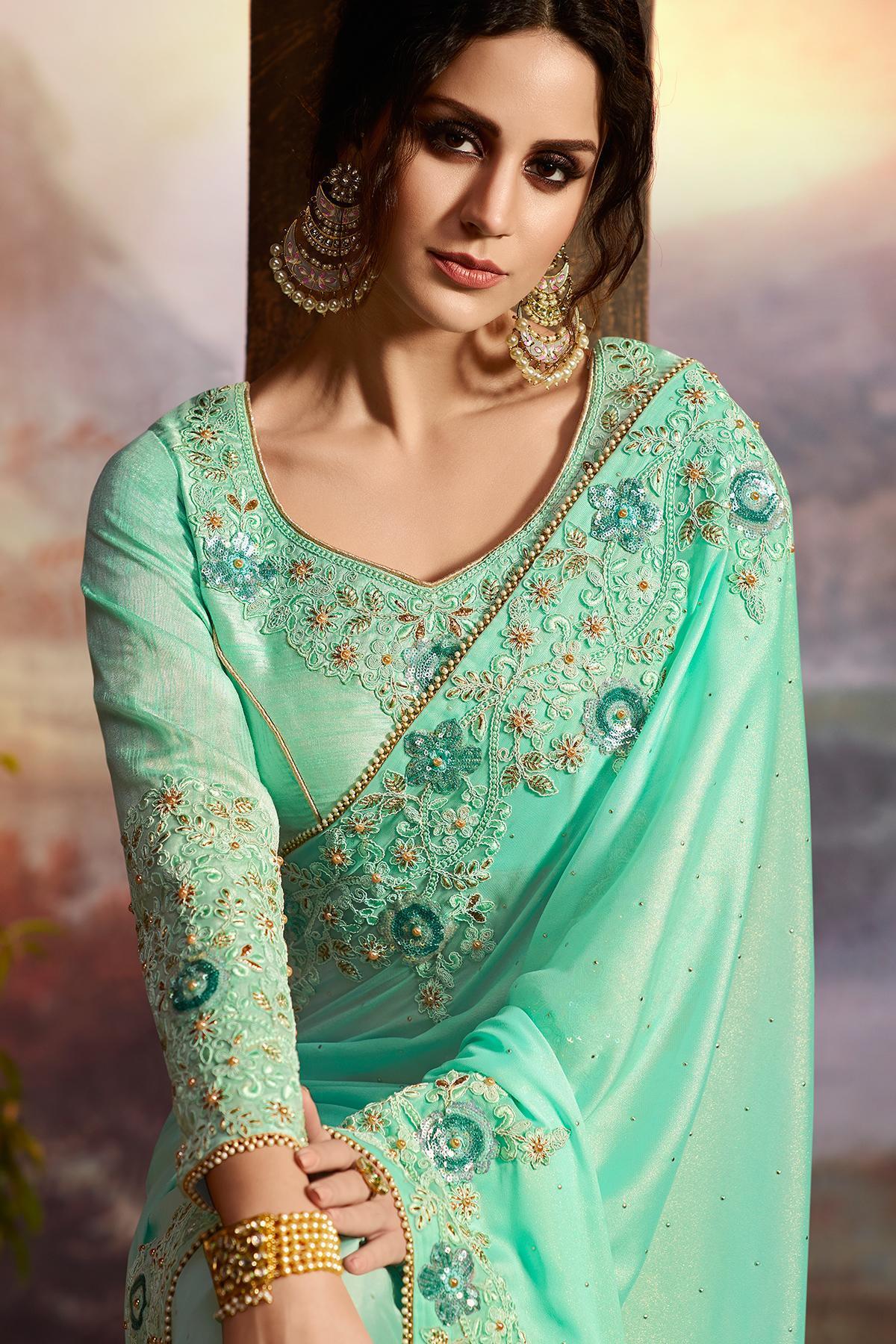 Turquoise Blue Designer Party Wear Silk Sari