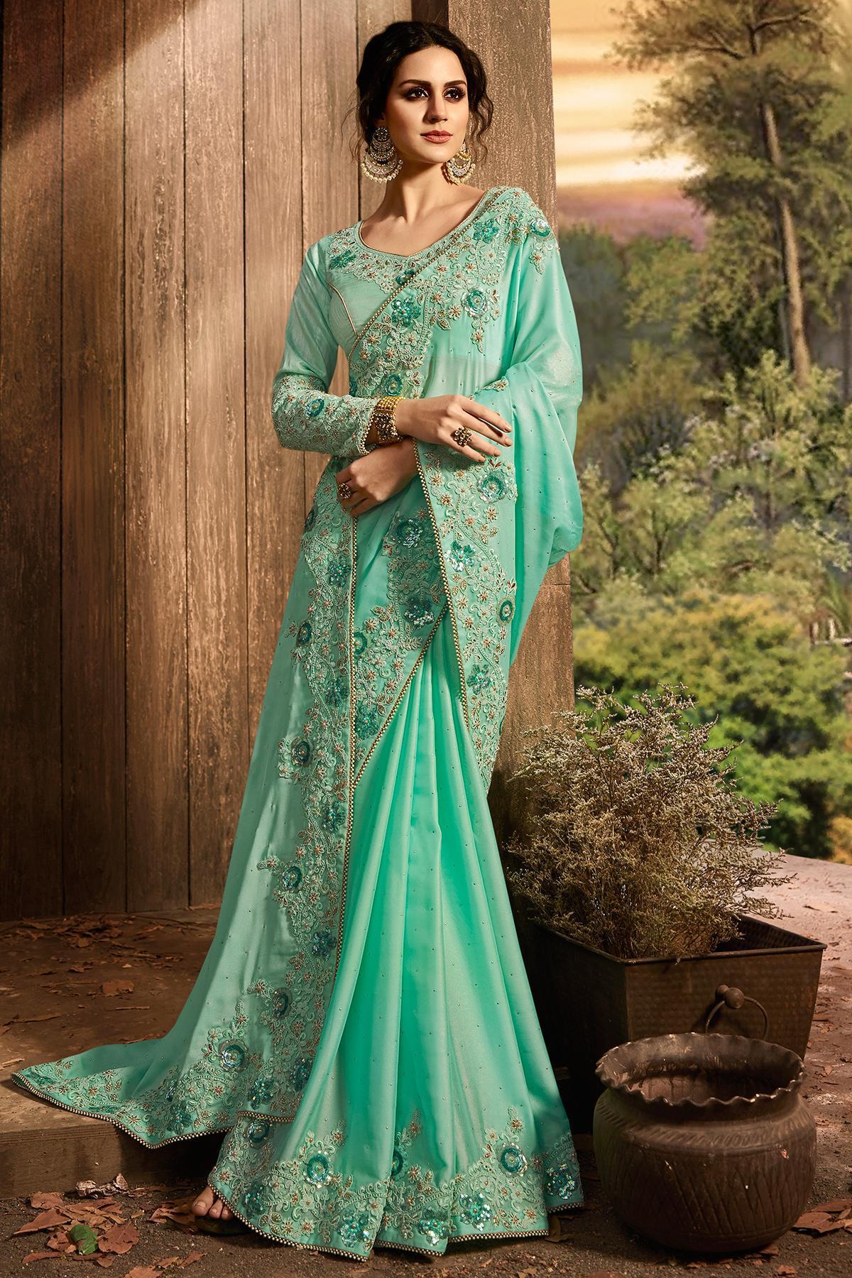 Turquoise Blue Designer Party Wear Silk Sari