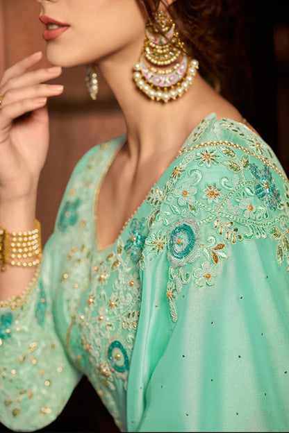 Turquoise Blue Designer Party Wear Silk Sari