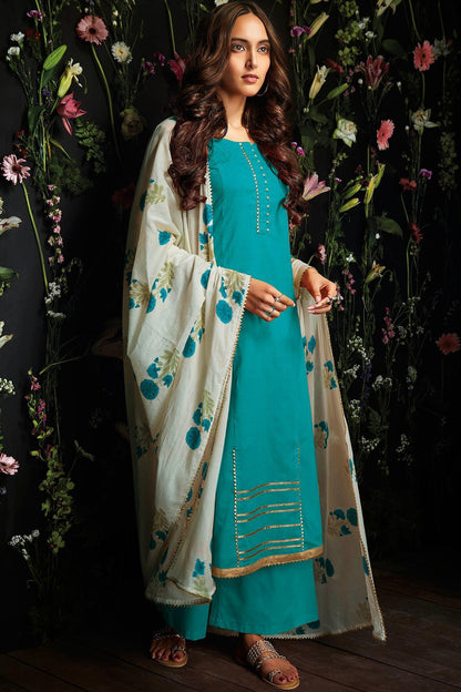 Turquoise Printed Cotton Palazzo Suit