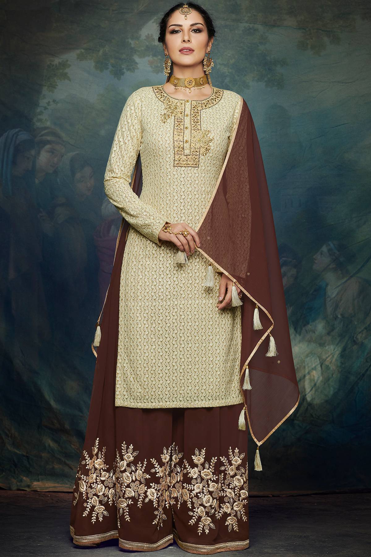 Tusser And Coffee embroidered Palazzo Suit