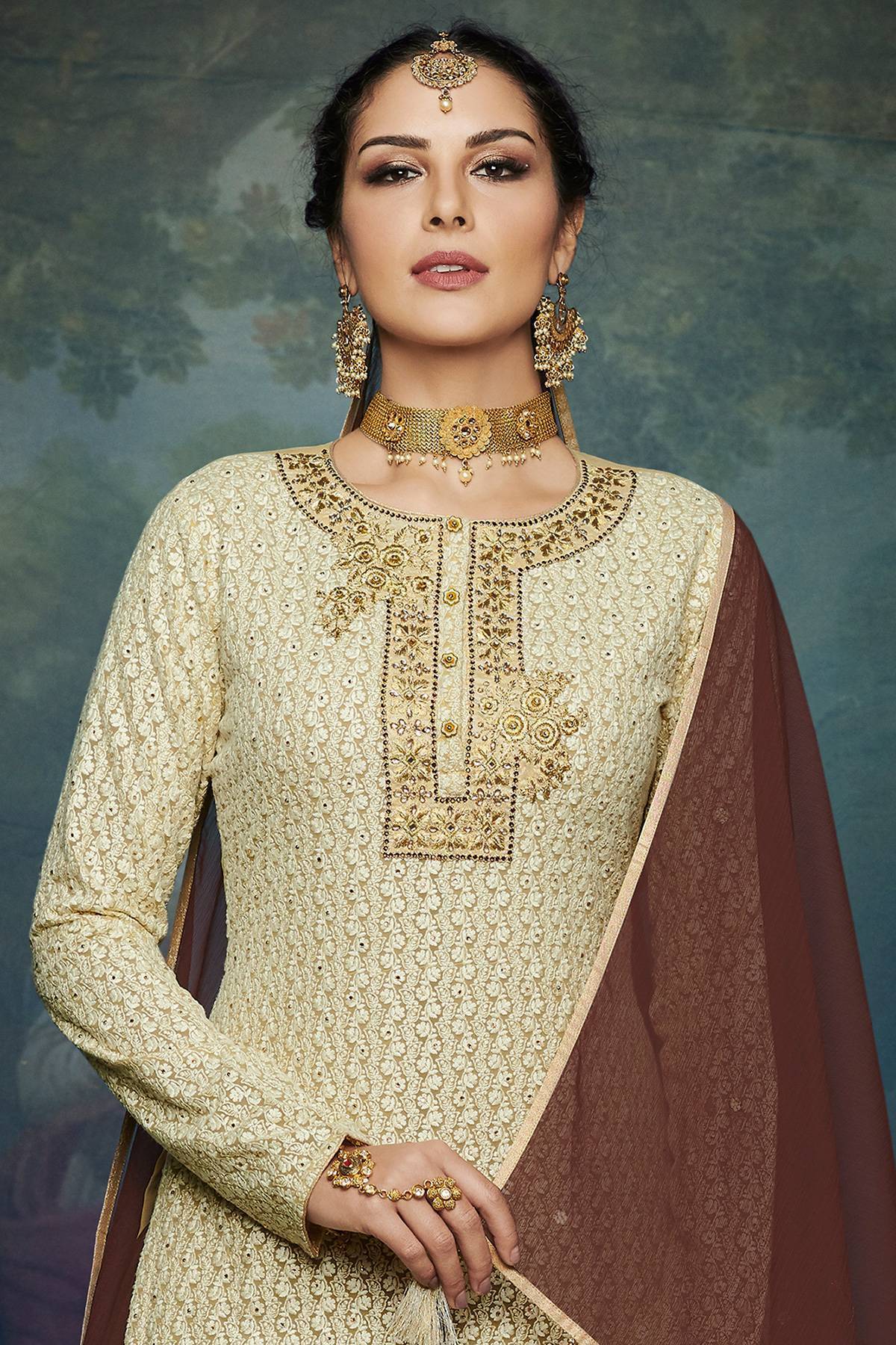 Tusser And Coffee embroidered Palazzo Suit
