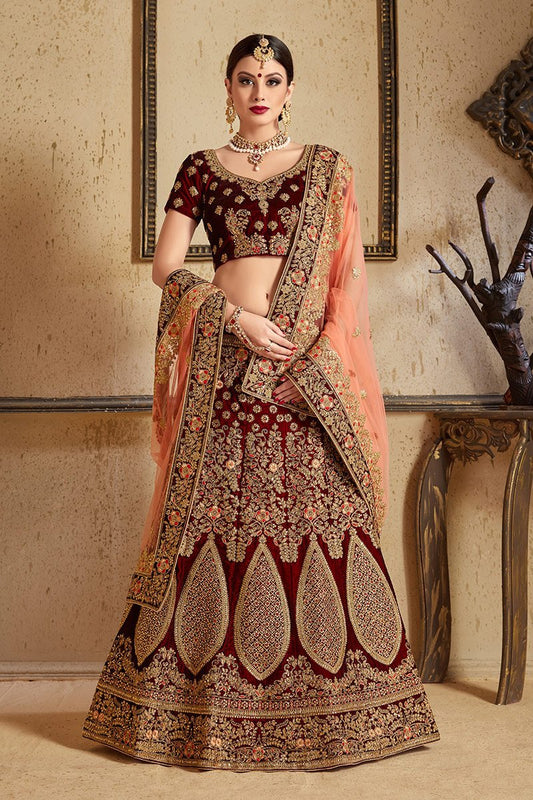Maroon Lehenga set with elegant threadwork and stonework