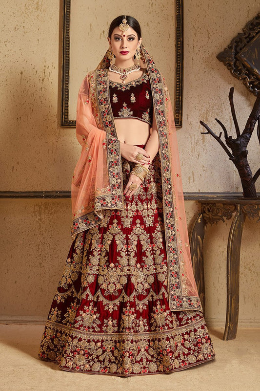 Pure Velvet Maroon Lehenga set with Heavy threadwork