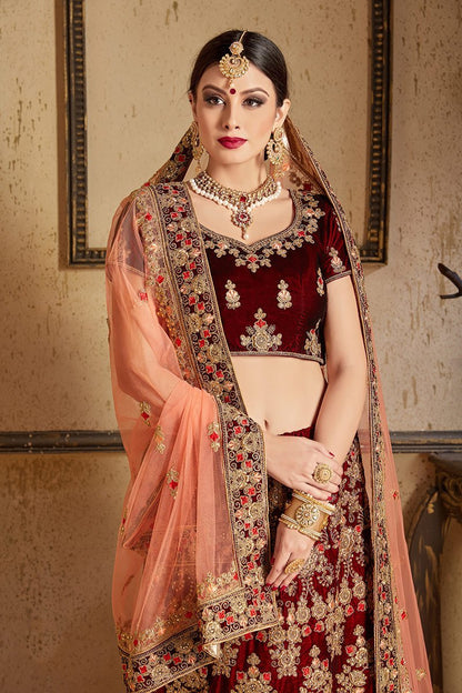 Pure Velvet Maroon Lehenga set with Heavy threadwork