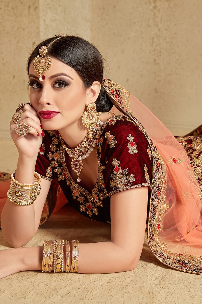 Pure Velvet Maroon Lehenga set with Heavy threadwork
