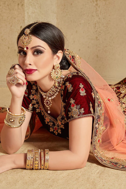 Pure Velvet Maroon Lehenga set with Heavy threadwork