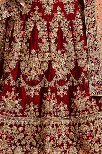 Pure Velvet Maroon Lehenga set with Heavy threadwork