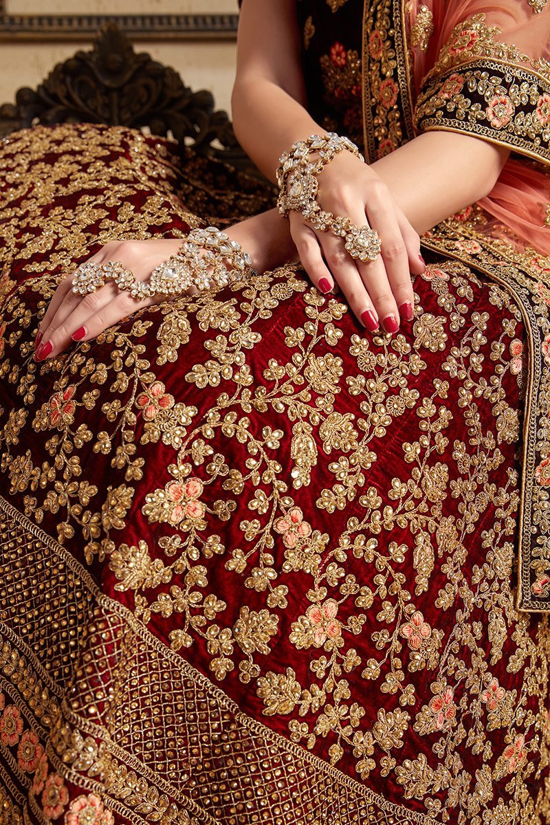 Stunning Maroon colored Pure Velvet Lehenga set