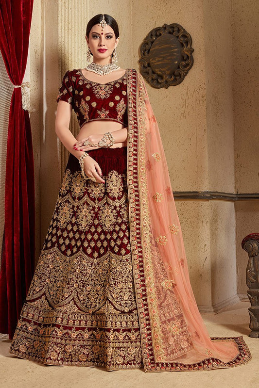 Majestic Maroon colored Pure Velvet Lehenga Set