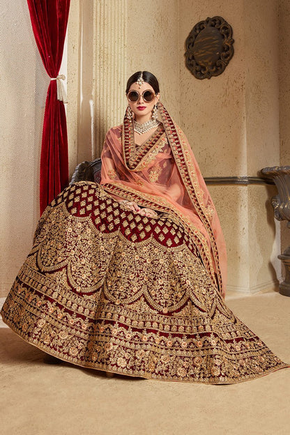 Majestic Maroon colored Pure Velvet Lehenga Set