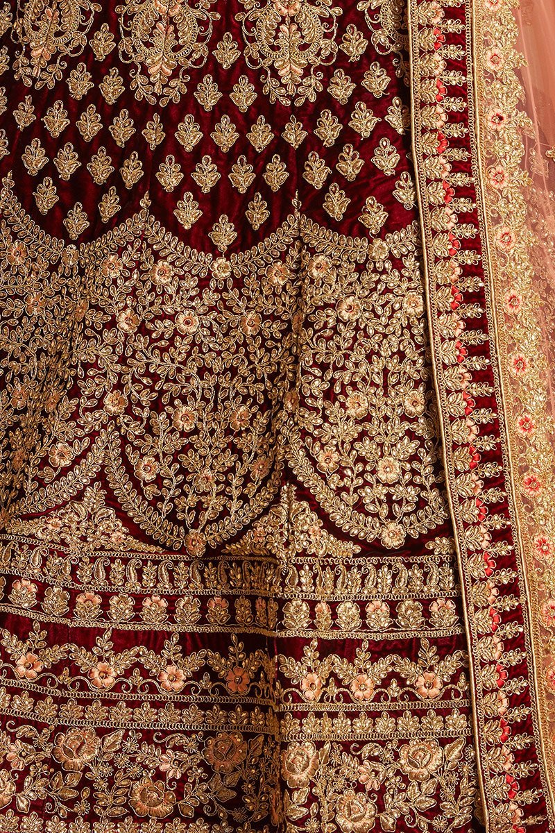 Majestic Maroon colored Pure Velvet Lehenga Set