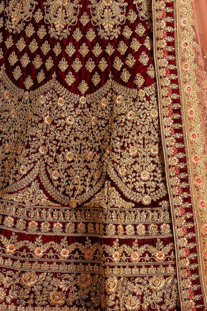 Majestic Maroon colored Pure Velvet Lehenga Set