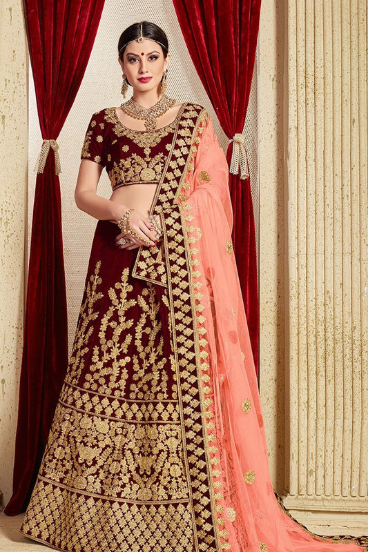 Elegant Maroon colored Pure Velvet Lehenga Set