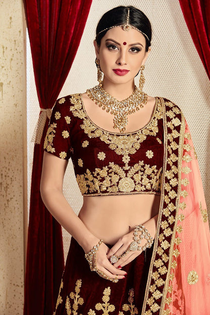 Elegant Maroon colored Pure Velvet Lehenga Set