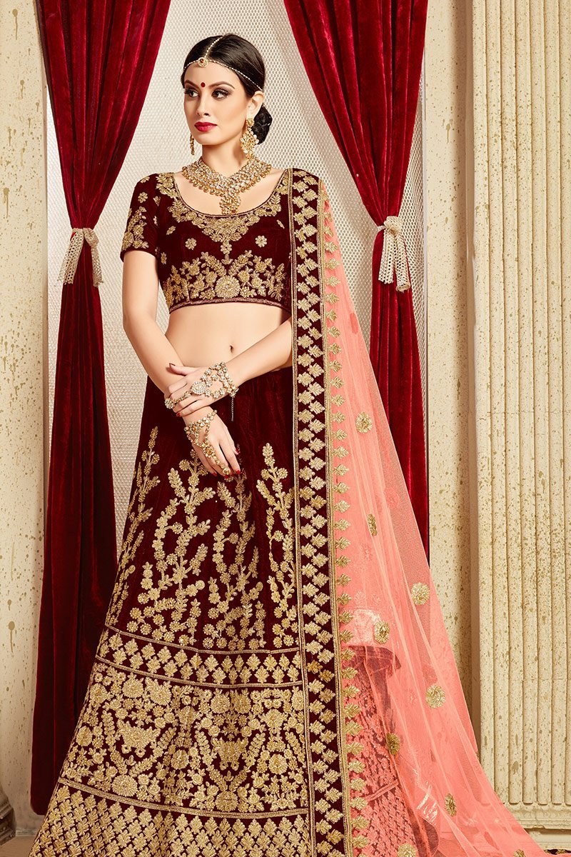 Elegant Maroon colored Pure Velvet Lehenga Set