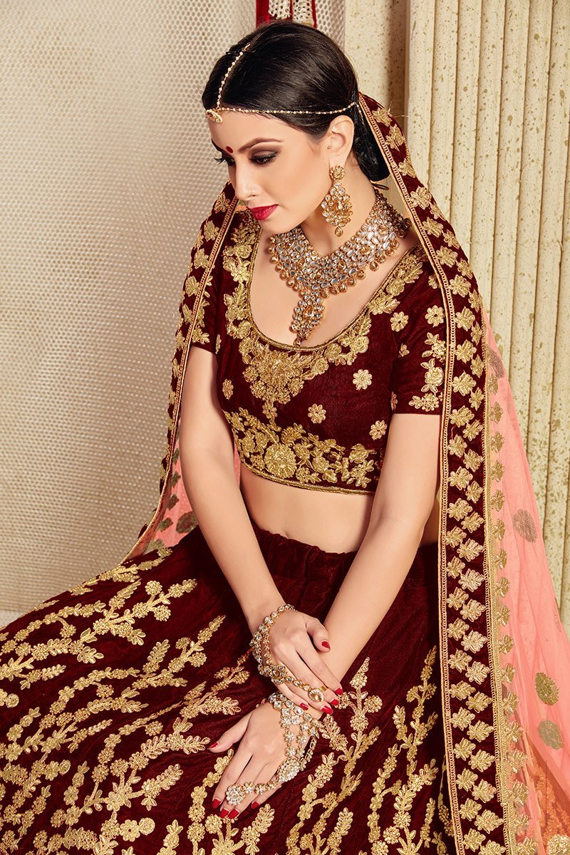 Elegant Maroon colored Pure Velvet Lehenga Set