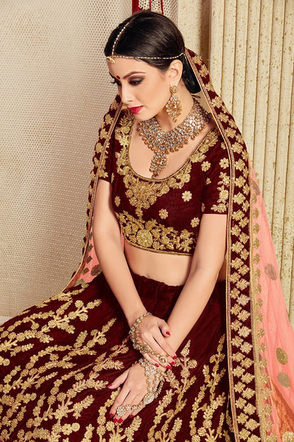 Elegant Maroon colored Pure Velvet Lehenga Set