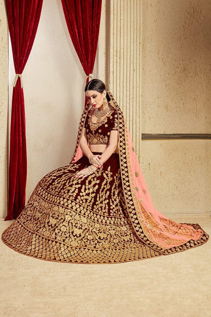 Elegant Maroon colored Pure Velvet Lehenga Set