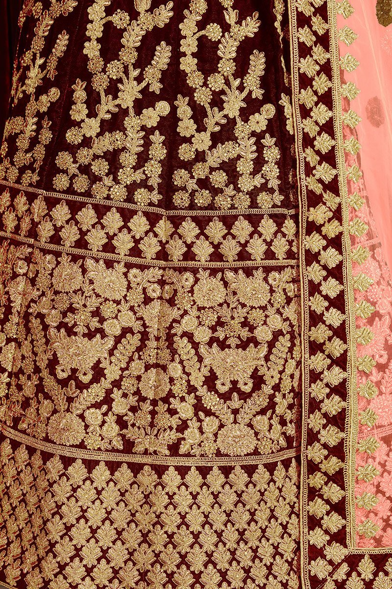 Elegant Maroon colored Pure Velvet Lehenga Set
