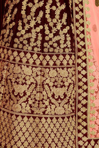 Elegant Maroon colored Pure Velvet Lehenga Set