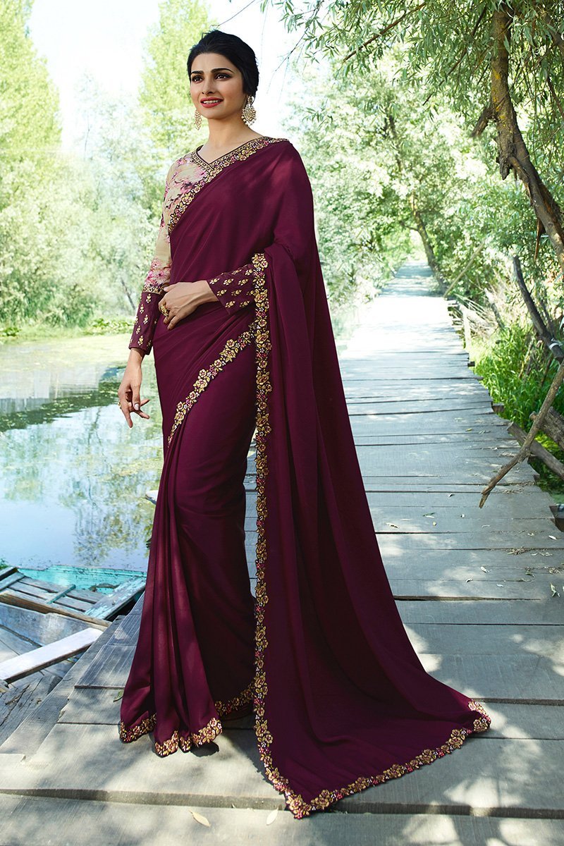 Violet Chiffon Saree with Full Sleeved Blouse