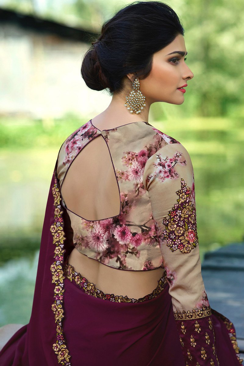Violet Chiffon Saree with Full Sleeved Blouse