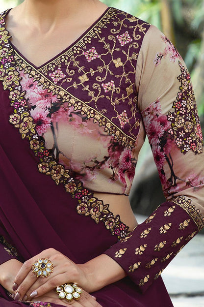 Violet Chiffon Saree with Full Sleeved Blouse