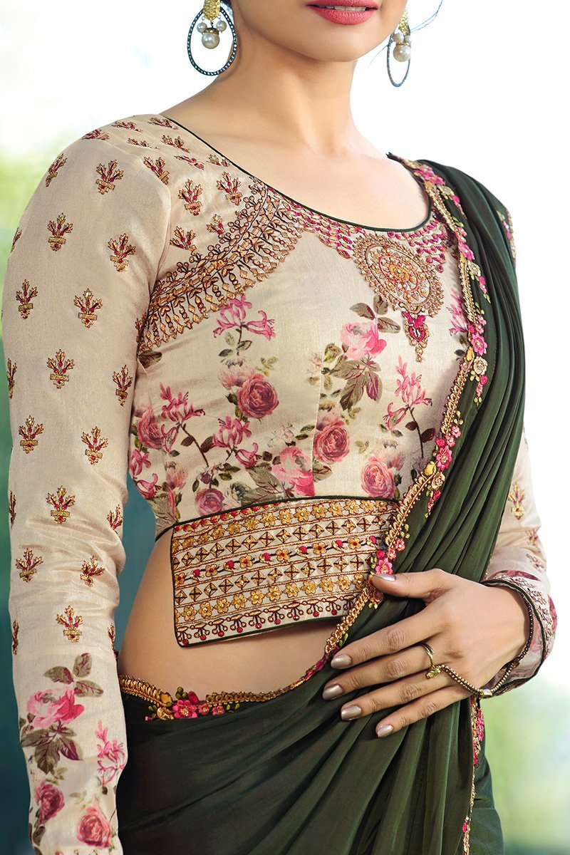 Hash Brown Silk Saree  with Full Sleeved Blouse