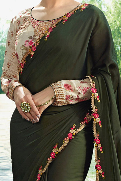 Hash Brown Silk Saree  with Full Sleeved Blouse