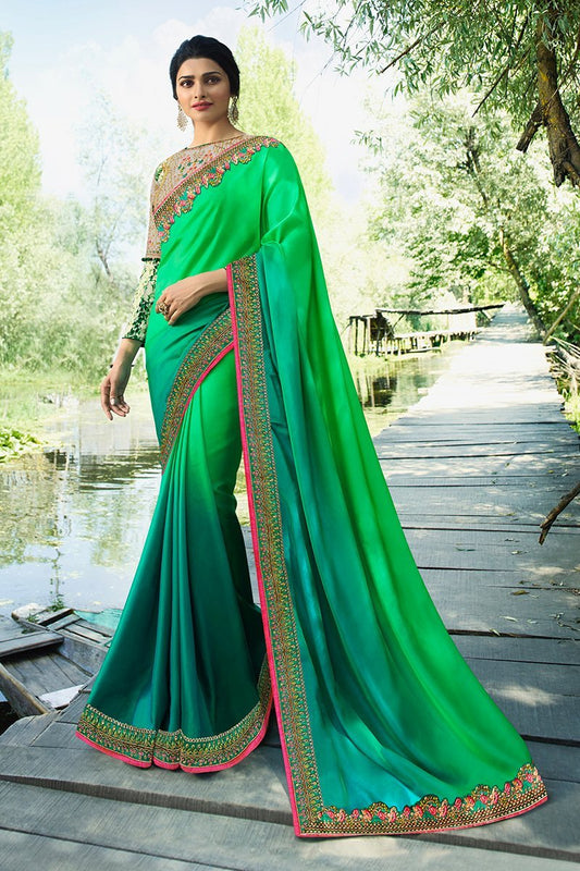 Mid Sky-Blue and Tree-Green Silk Saree with Heavy Blouse