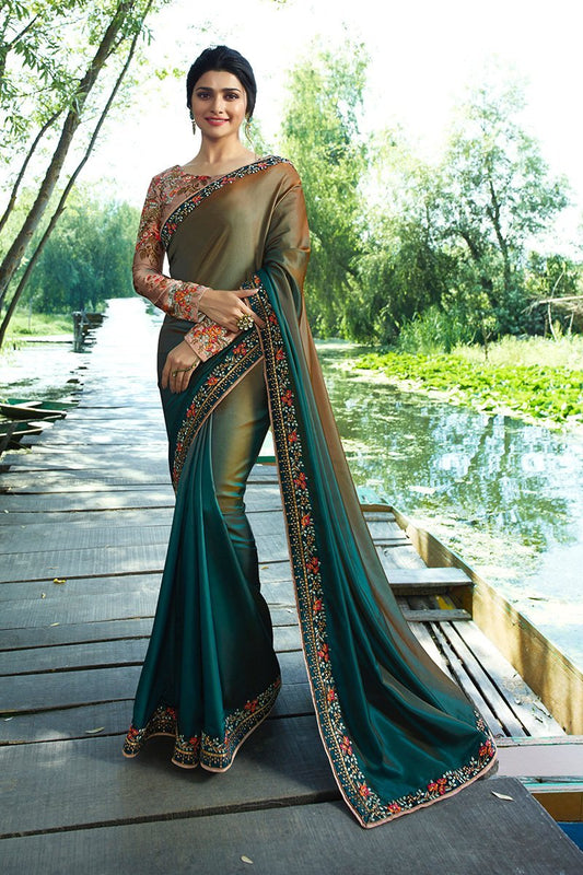 Sea-Blue Silk Saree with Full Sleeved Blouse