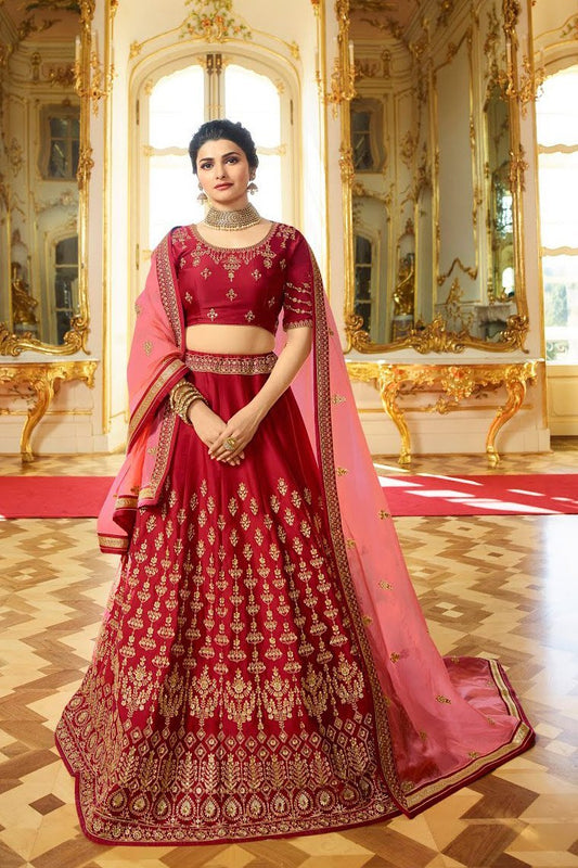 Elegant Apple-Red sparkle silk heavy embroidered Lehenga Set