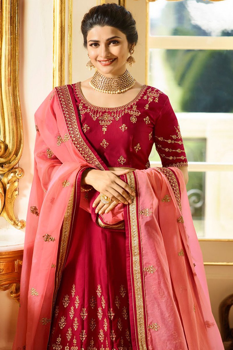 Elegant Apple-Red sparkle silk heavy embroidered Lehenga Set