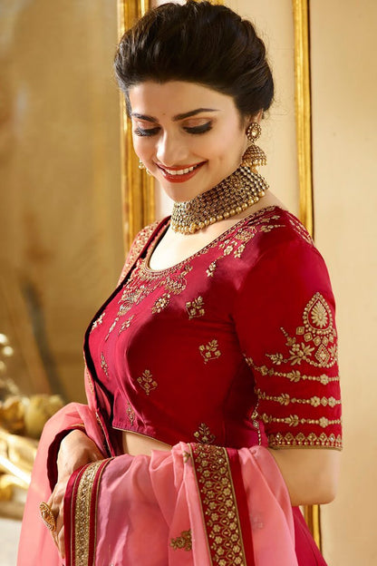 Elegant Apple-Red sparkle silk heavy embroidered Lehenga Set