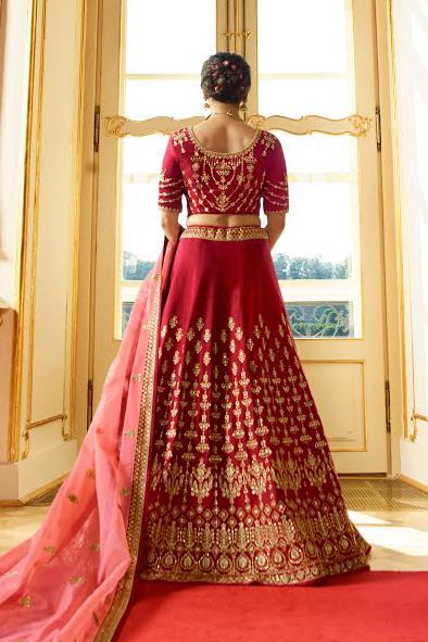 Elegant Apple-Red sparkle silk heavy embroidered Lehenga Set
