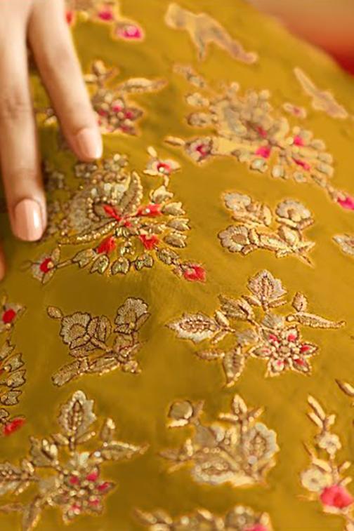 Mustard Yellow sparkle silk heavy embroidered Lehenga Set