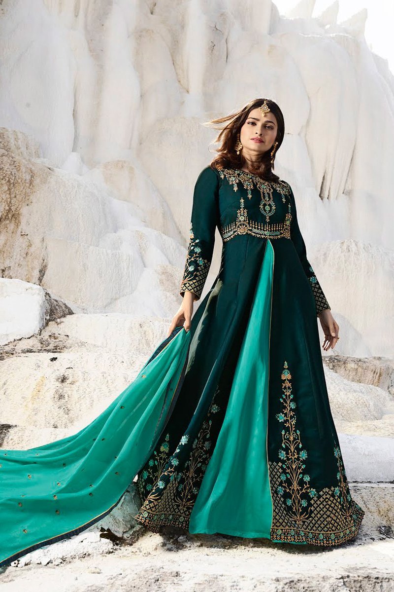 Dark Mehandi and Peach Silk Anarkali Suit