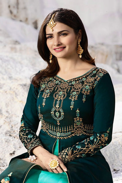 Dark Mehandi and Peach Silk Anarkali Suit