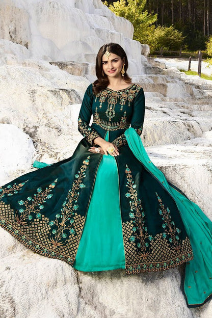 Dark Mehandi and Peach Silk Anarkali Suit
