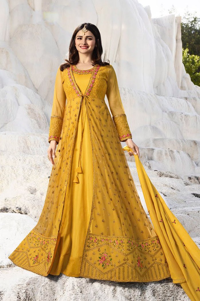 Saffron-Yellow Net and Silk Anarkali Suit