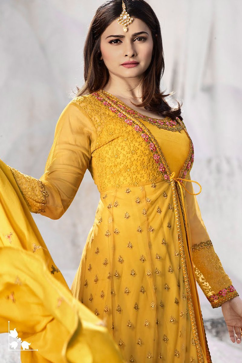 Saffron-Yellow Net and Silk Anarkali Suit